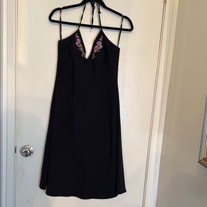 Elegant Black halter Dress with Floral Embroidery